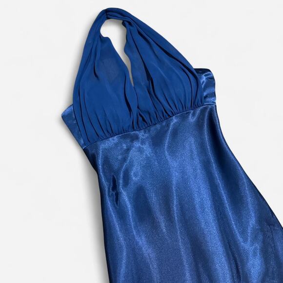 VTG Y2K Betsy & Adam Sapphire Blue Satin Ruffle Train Formal Maxi Halter Dress 6 - Picture 6 of 7
